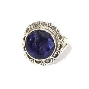 Vintage Boho Sterling Silver Blue Lapis Lazuli Round Faceted Cabochon Ring
